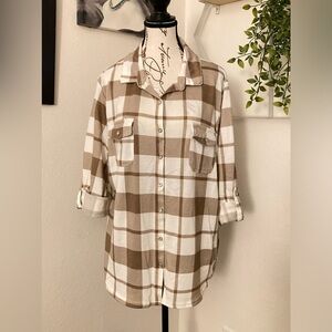 New York Laundry Womens Top Sz 2X White Tan Plaid Sparkle Buttons